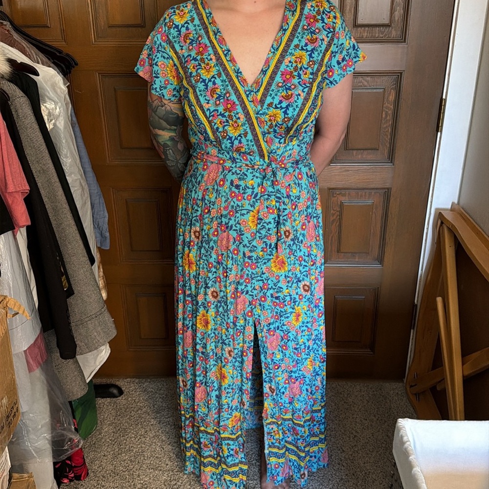Floral V-Neck Wrap Maxi Dress in Teal